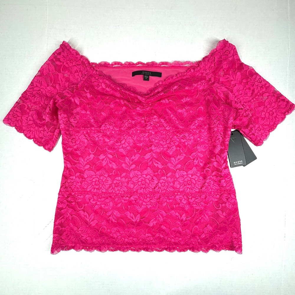 GUESS Los Angeles Womens XL Jealous Pink Lace Off Shoulder Top Blouse NWT